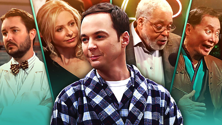 Jim Parsons as Sheldon Cooper wears a robe and looks toward the left with a backdrop that begins with Wil Wheaton as himself in a lab coat looking toward the left, Sarah Michelle Gellar as herself wearing an evening gown and looking toward the right, James Earl Jones as himself wearing a brown suit and singing into a microphone, and George Takei as himself wearing a brown jacket while looking toward the right on The Big Bang Theory