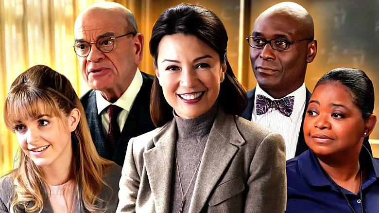 Mckenna Grace as Paige Swanson stands next to Robert Picardo as Professor Salzman, Ming-Na Wen as Dr. Carol Lee, Lance Reddick as Professor Boucher, and Octavia Spencer as Rhonda Thomason on Young Sheldon