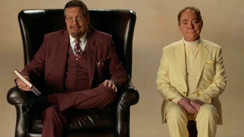 Penn as Acne Vulgaris sits in a brown chair next to Teller as Pus on Young Sheldon