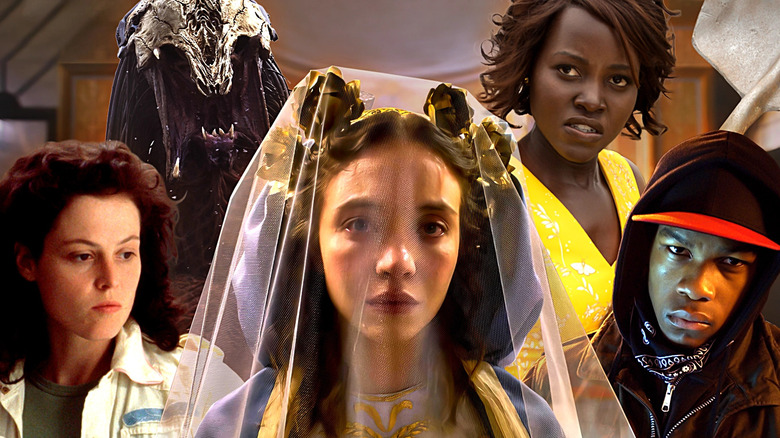 Sydney Sweeney in Immaculate, the Predator from Prey, Samara Weaving in Ready or Not, Sigourney Weaver in Alien, and Lupita Nyong'o in Little Monsters