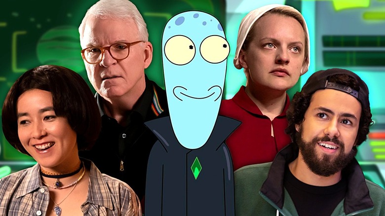 Maya Erskine as Maya from Pen15 stands next to Steve Martin as Charles-Haden Savage on Only Murders in the Building, Korvo on Solar Opposites, Elisabeth Moss as Offred on The Handmaid's Tale, and Ramy Youssef as Ramy from Ramy