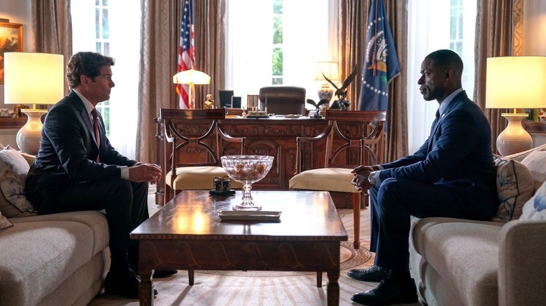 James Marsden as President Cal Bradford sits across from Xavier Collins in the Oval Office on Paradise