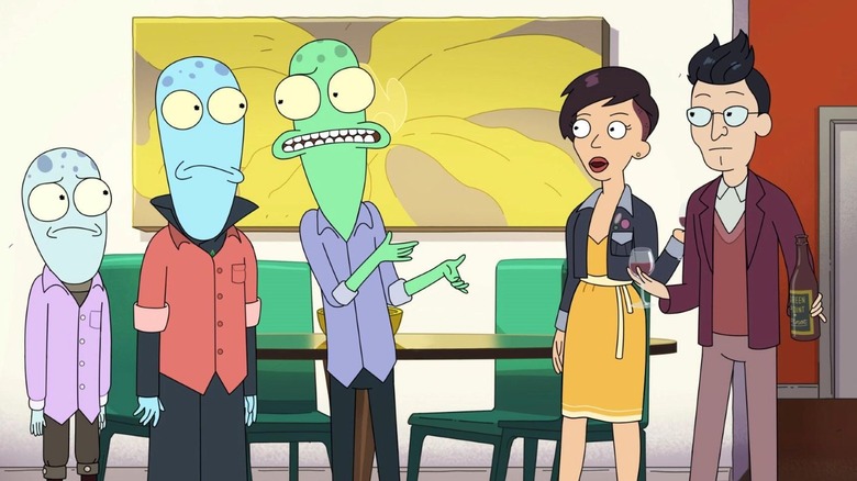 Yumyulack stands next to Korvo and Terry as they look at a human couple on Solar Opposites