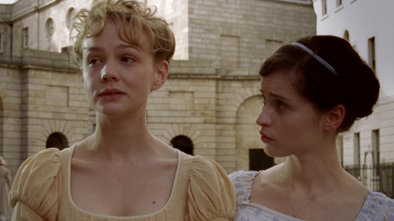 Catherine (Felicity Jones) consoles a crying Isabella (Carey Mulligan) in Northanger Abbey