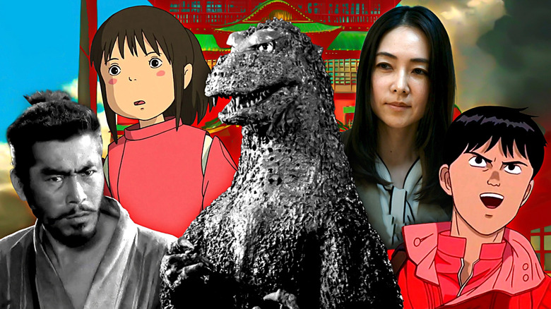 Godzilla (1954) in the middle, and around him, Toshiro Mifune in Seven Samurai, Reika Kirishima in Drive My Car, Kaneda in Akira, and Chihiro in Spirited Away in a composite image