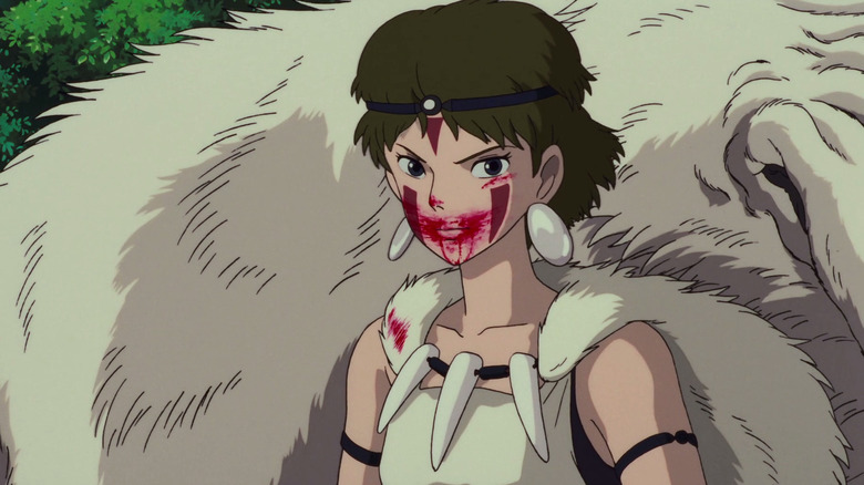 A bloody-faced San glares in front of Moro in Princess Mononoke