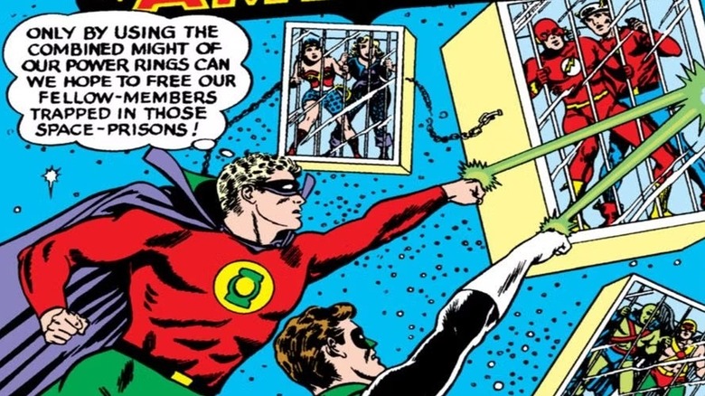 Alan Scott and Hal Jordan use their Green Lantern rings to free the imprisoned Justice League on the cover to Justice League of America (vol. 1) #22