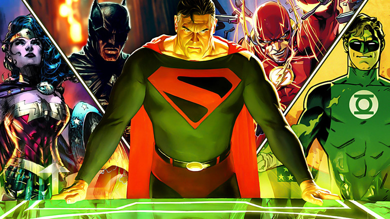 A collage of Superman standing sternly at a table in Kingdom Com in front of Wonder Woman by Jim Lee, Batman in Batman: Dear Detective, The Flash on the cover of The Flash (vol. 5) #56, and Green Lantern on the cover Green Lantern: The Silver Age Vol. 3