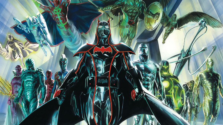 An armored Batman leads a similarly armored Justice League in Justice #6