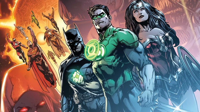 Batman, Green Lantern, and Wonder Woman stand before flying heroes on the cover of Justice League (vol. 1) #41