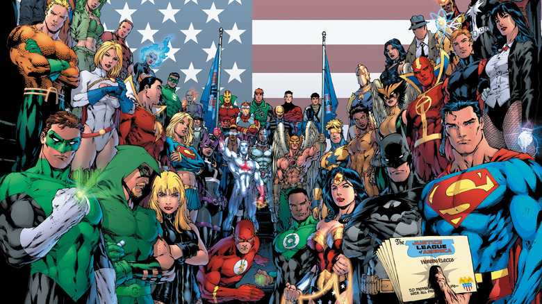 A hand offers Justice League membership cards to the assembled DC superheroes on the cover of Justice League (vol. 1) #1