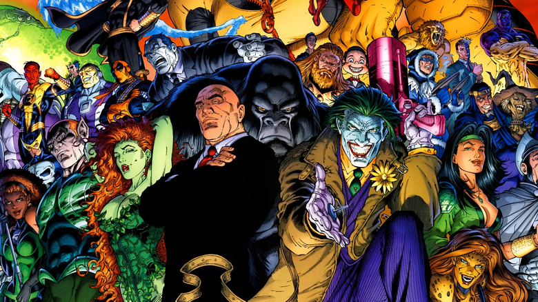 The DC Universe's supervillains stand lined up behind Lex Luthor and the Joker on the cover to Justice League of America (vol. 2) #13