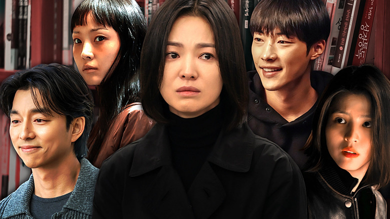 A collage of Moon Dong-eun (Song Hye-kyo) in The Glory, Kim Geon-woo (Woo Do-hwan) in Bloodhounds, Jeong Su-in (Jeon So-nee) in Parasyte: The Grey, Han Jeong-won (Gong Yoo) in The Trunk, and Yoon Ji-woo (Han So-hee) in My Name