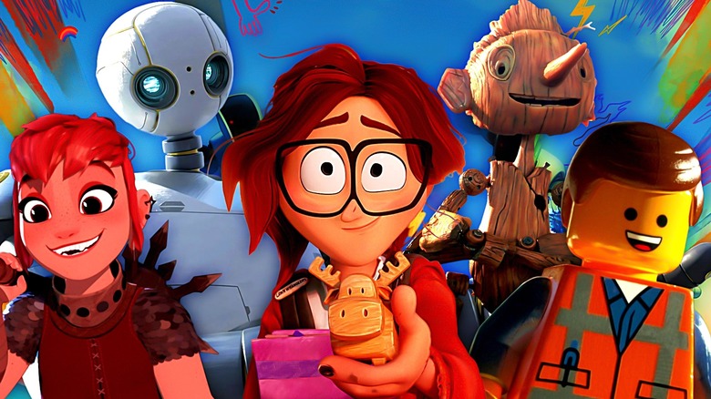 Composite image of Nimona from Nimona, Roz from The Wild Robot, Katie Mitchell from The Mitchells vs. the Machines, Pinocchio from Guillermo del Toro's Pinocchio, and Emmet from The LEGO Movie