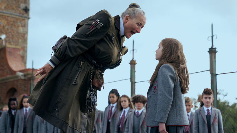 Emma Thompson's Agatha Trunchbull interrogating Alisha Weir's Matilda in Matilda the Musical