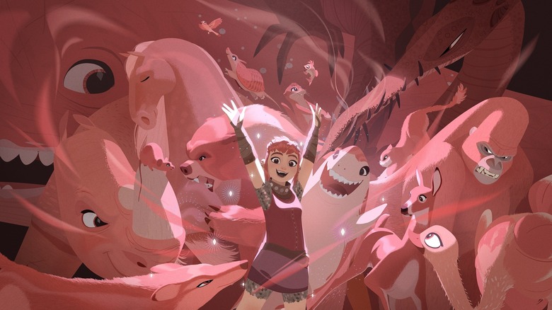 Nimona lifting her arms up in the air in Nimona