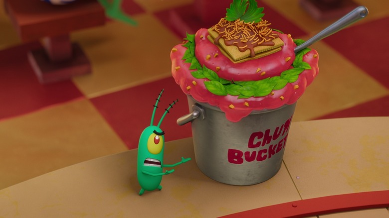 Plankton pointing at the Chum Bucket in Plankton: The Movie