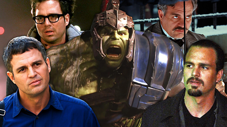 A collage of Hulk (Mark Ruffalo) in gladiator armor in Thor: Ragnarok surrounded by Michael Rezendes (Ruffalo) in Spotlight, Stan Fink (Ruffalo) in Eternal Sunshine of the Spotless Mind, Duncan Wedderburn (Ruffalo) in Poor Things, and Ray Fanning (Ruffalo) in Collateral