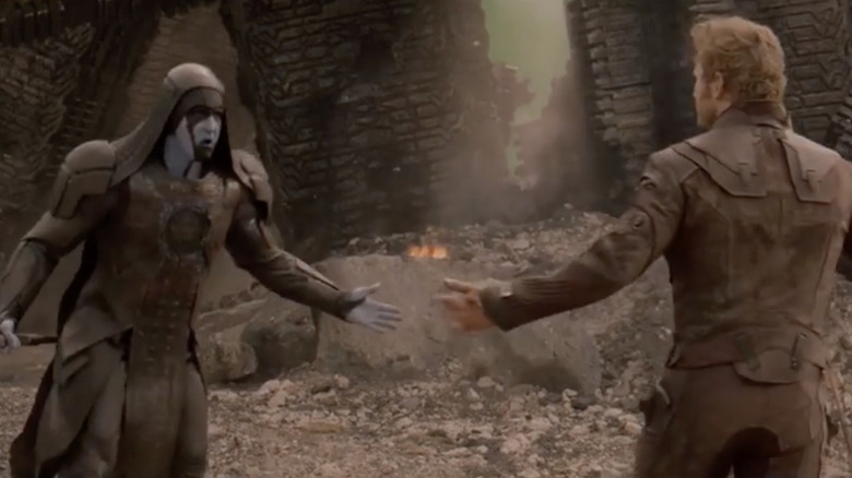 Lee Pace as Ronan dancing with Chris Pratt as Star Lord on the set of Guardians 1