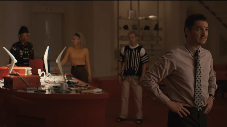 Ebon Moss-Bachrach, Vanessa Kirby, Joseph Quinn, and Pedro Pascal standing together in Fantastic Four First Steps