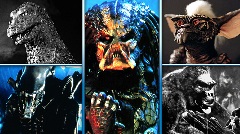 Predator from the original 1987 movie, a Xenomorph from the original 1979 Alien, 1933's King Kong, 1954's Godzilla (Gojira), and Stripe in Gremlins in a composite image