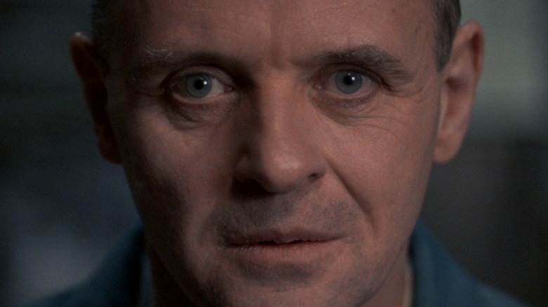 An extreme closeup of Anthony Hopkins as Hannibal Lecter in Silence of the Lambs, staring coolly into the camera