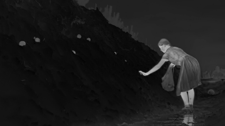 The negative image of a little girl (Julia Polaczek) in The Zone of Interest, hiding glowing apples in the dirt
