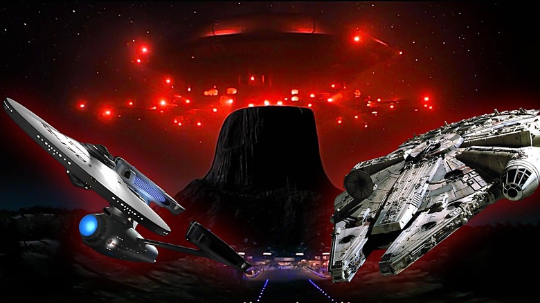 The "Star Trek" Enterprise and the "Star Wars" MIllennium Falcon, superimposed over the Mothership from "Close Encounters of the Third Kind, above Devil's Tower.