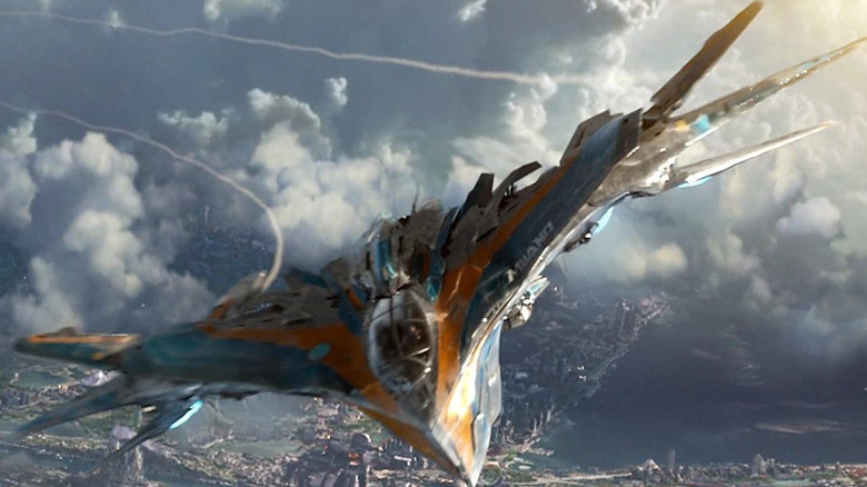 The Milano flies above Xandar in Guardians of the Galaxy