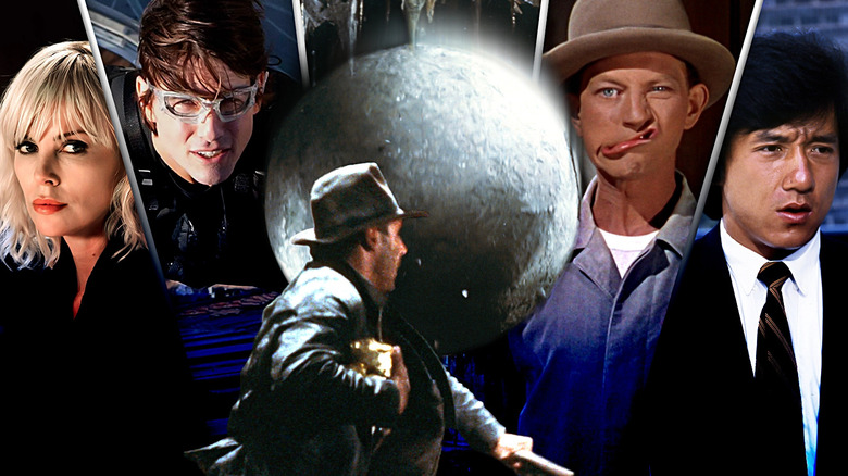 Composite image of Charlize Theron as Lorraine in Atomic Blonde, Tom Cruise as Ethan Hunt with safety glasses on in Mission: Impossible – Ghost Protocol, Harrison Ford as Indiana Jones running from huge boulder in Raiders of the Lost Ark, Donald O'Connor making a funny face as Cosmo in Singin' In The Rain, and Jackie Chan as Chan Ka-Kui in black suit in Police Story
