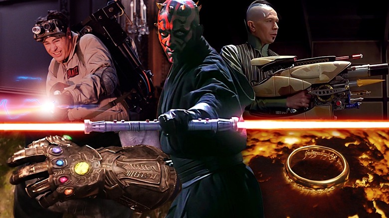 Dan Ackroyd as Ray Stantz busting ghosts in Ghostbusters, Ray Park as Darth Maul holding his double sided lightsaber from the Star Wars franchise, Gary Oldman as Jean Baptiste Zorg holding the Zorg ZF-1 Pod Weapon from The Fifth Element, Thanos' Infinity Stones glove from Avengers; Endgame, and the One Ring from the Lord of the Rings franchise