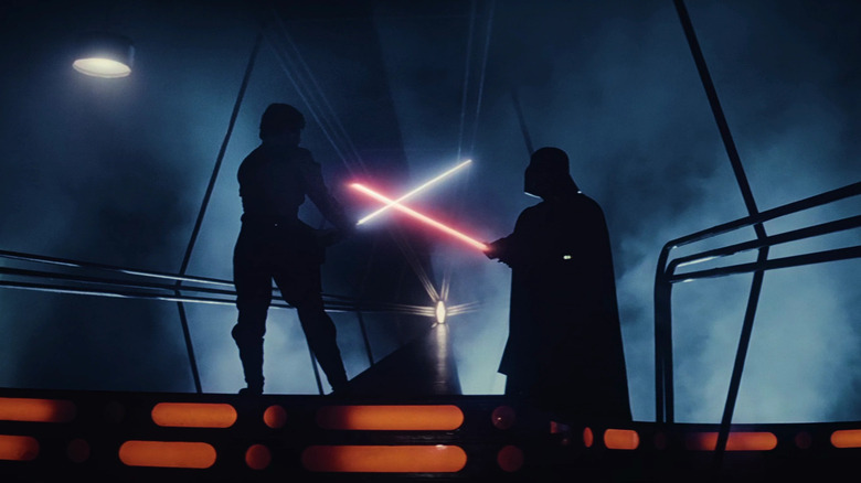 Luke Skywalker (Mark Hamill) in a lightsaber duel in Darth Vader in The Empire Strikes Back