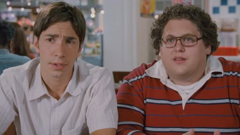 Justin Long as Bartleby and Jonah Hill as Sherman, looking concerned in Accepted
