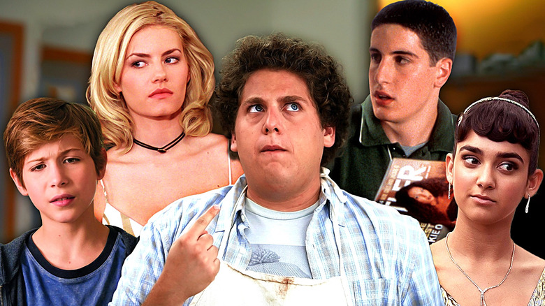 Jacob Tremblay in Good Boys, Elisha Cuthbert in The Girl Next Door, Jonah Hill in Superbad, Jason Biggs in American Pie, and Geraldine Viswanathan in Blockers in a composite image
