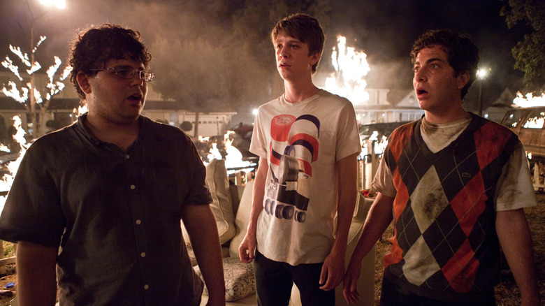 Thomas Mann as Thomas, Jonathan Daniel Brown as J.B., and Oliver Cooper as Costa in awe of their insane party's aftermath in Project X