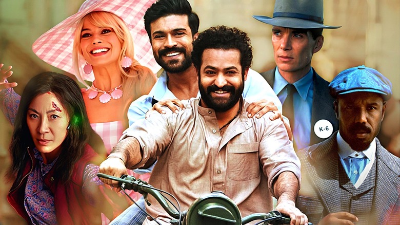 Ram Charan and N. T. Rama Rao Jr. on a motorcycle in RRR, Michelle Yeoh in Everything Everywhere All At Once, Cillian Murphy in Oppenheimer, Margot Robbie in Barbie, and Michael B. Jordan in Sinners