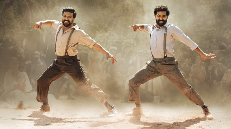 N.T. Rama Rao as Bheem and Ram Charan as Raju dancing in RRR