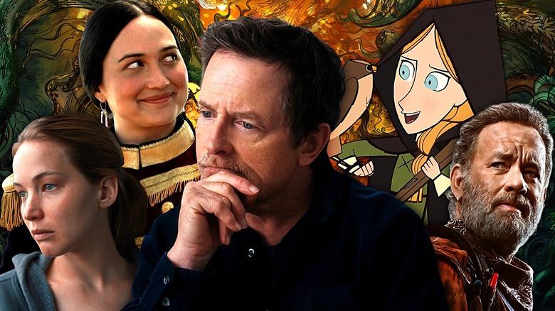 Jennifer Lawrence looking despondent as Lynsey in Causeway, Lily Gladstone smiling as Molly in Killers of the Flower Moon, Michael J. Fox in Still: A Michael J. Fox Story, animated Robyn in Wolfwalkers, and Tom Hanks as Finch in Finch
