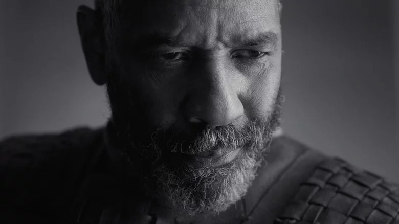 Close-up of Denzel Washington in black and white in The Tragedy of Macbeth