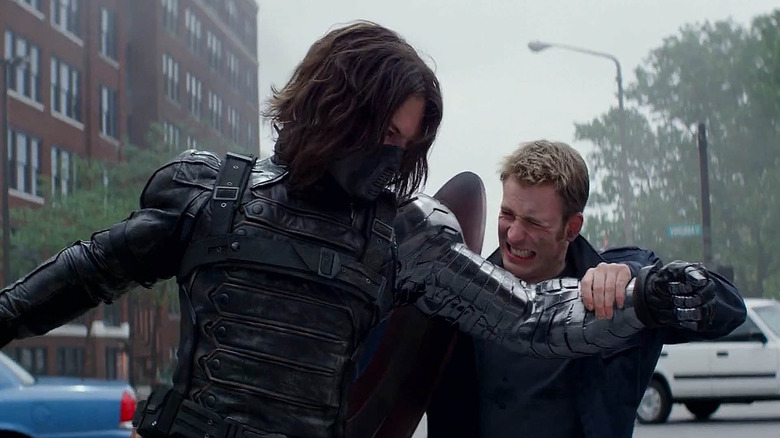 Chris Evans as Steve Rogers fighting Sebastian Stan as the Winter Soldier in Captain America: The Winter Soldier