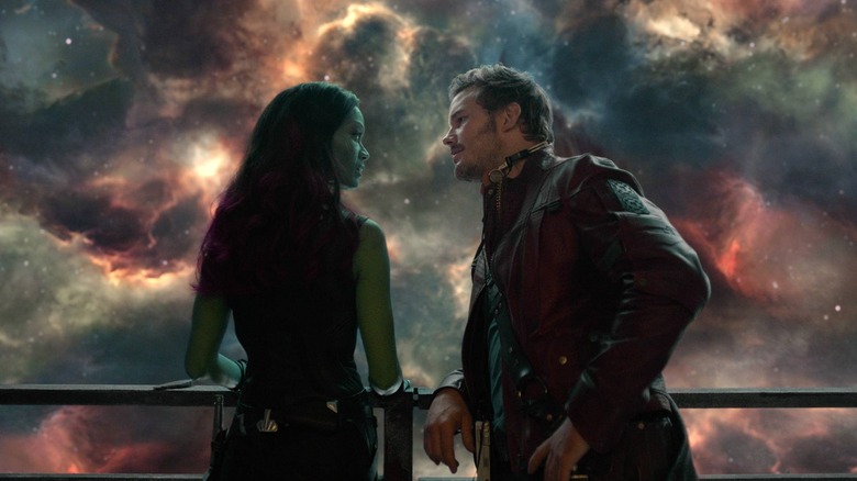 Gamora (Zoe Saldana) and Star-Lord (Chris Pratt) have an intimate moment in Guardians of the Galaxy