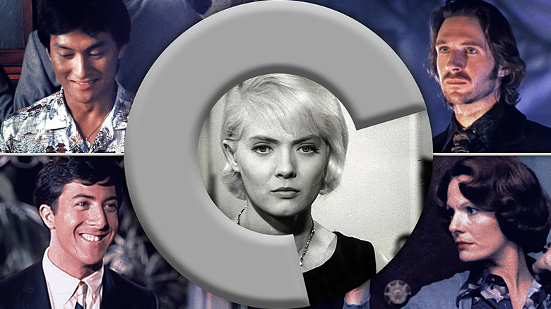 Composite image of Tsutomu Yamazaki as Goro in Tampopo, Dustin Hoffman as Benjamin in The Graduate, Delphine Seyrig as Jeanne Dielman in Jeanne Dielman [...], Ralph Fiennes as Lenny in Strange Days, all in four corners, with Corinne Marchand as Cléo in Cléo From 5 to 7 in center circle