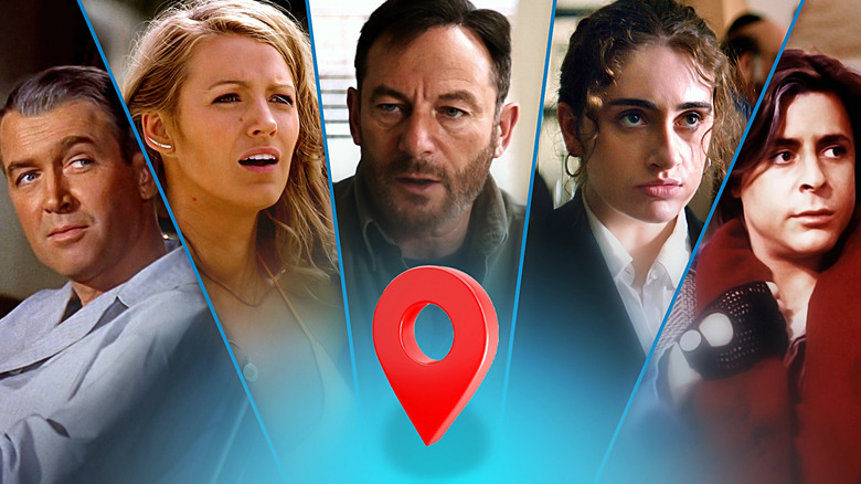 A composite image featuring a location pin and James Stewart as Jeff in Rear Window, Blake Lively as Nancy in The Shallows, Jason Isaacs as Jay in Mass, Rachel Sennott as Danielle in Shiva Baby, and Judd Nelson as Bender in The Breakfast Club