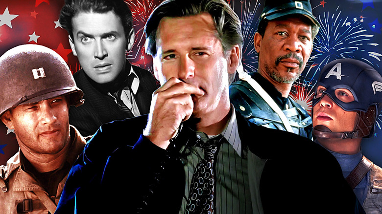 Captain Miller (Tom Hanks) in Saving Private Ryan; President Whitmore (Bill Pullman) in Independence Day;  Jefferson Smith (James Stewart) in Mr. Smith Goes To Washington; President Whitmore (Bill Pullman) in Independence Day; Sgt. Maj. Rawlins (Morgan Freeman) in Glory; Captain America (Chris Evans) in Captain America: The First Avenger