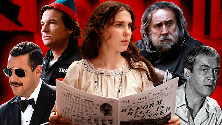 James Stewart in Rear Window, Nicolas Cage in Pig, Millie Bobby Brown in Enola Holmes, Adam Sander in Murder Mystery, and Jason Bateman in Who Killed Santa: A Murderville Mystery.
