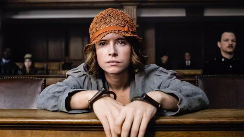 Jessie Buckley as Rose, awaiting a verdict in Wicked Little Letters