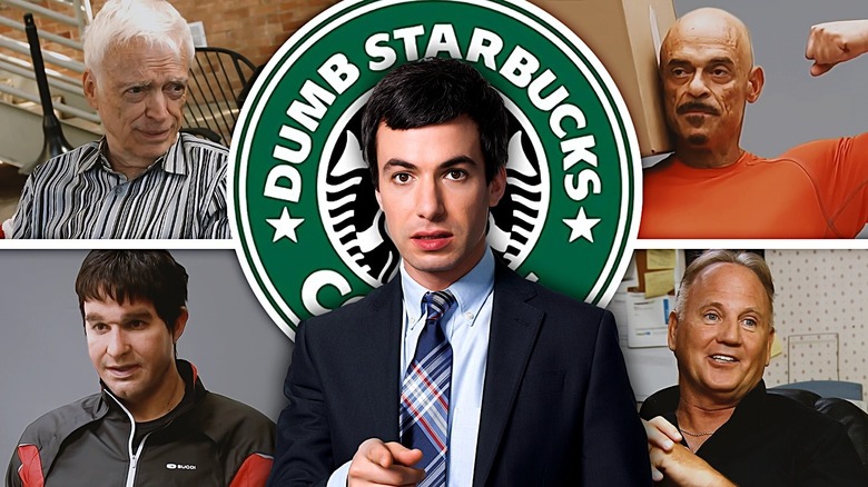 Nathan Fielder in front of the Dumb Starbucks logo surrounded by Bill Heath, Jack Garbarino, Nathan wearing prosthetics as Corey, and Brian Wolfe