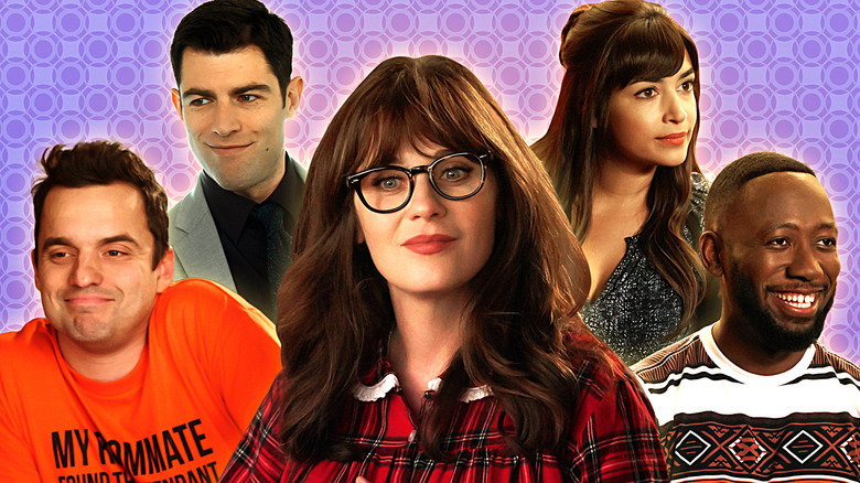 The main cast of New Girl against a purple backdrop