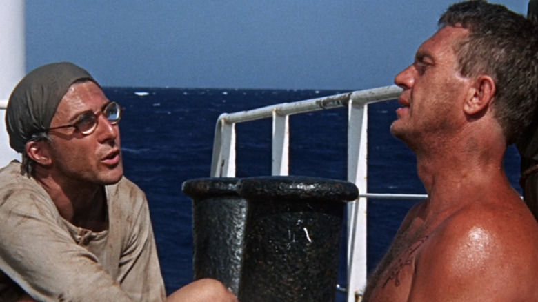 Papillon (Steve McQueen) and Dega (Dustin Hoffman) on boat in Papillon