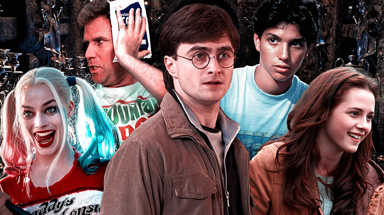 Margot Robbie as Harley Quinn in Suicide Squad, Will Ferrell as Brennan Huff in Step Brothers, Daniel Radcliffe as Harry Potter in Harry Potter and the Deathly Hallows Part 2, Ralph Macchio as Daniel Larusso in The Karate Kid, and Kristen Stewart as Bella Swan in Twilight